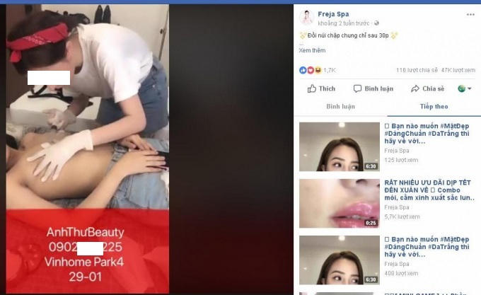 Tài khoản tên Freja spa quảng cáo cảnh tiêm "chất làm đầy" vào ngực khách.