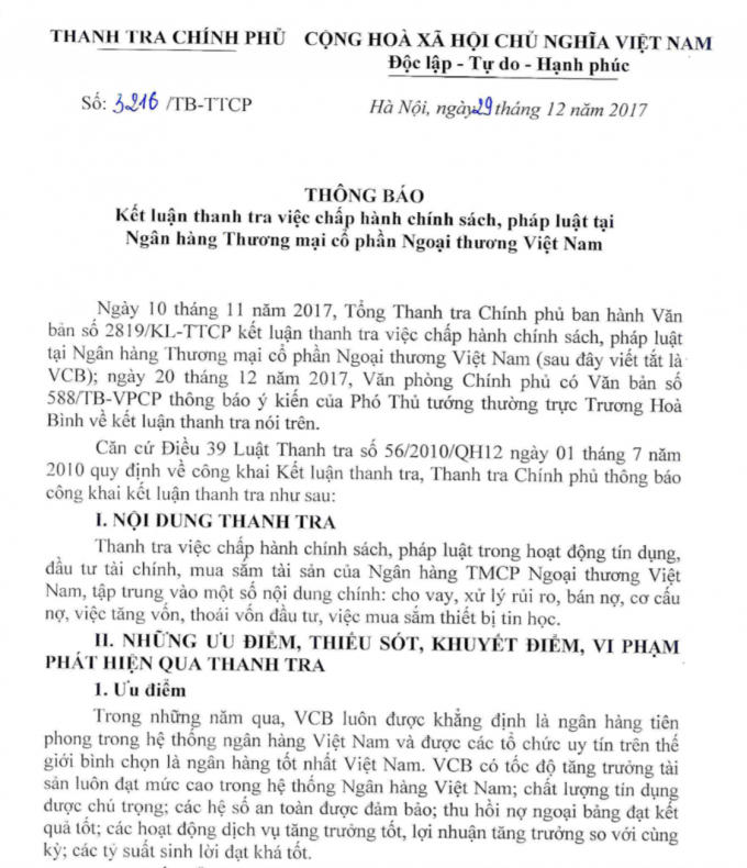 Thông báo KLTT của Thanh tra chính phủ đối với Ngân hàng VCB.