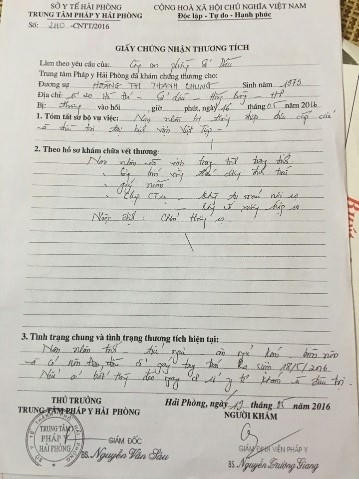 Giấy chứng thương của chị Chung
