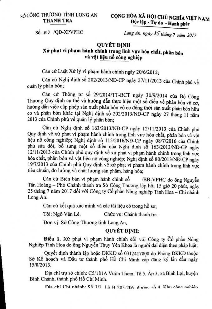 Quyết định số 100/QĐ-XPVPHC của Thanh tra Sở Công thương tỉnh Long An.