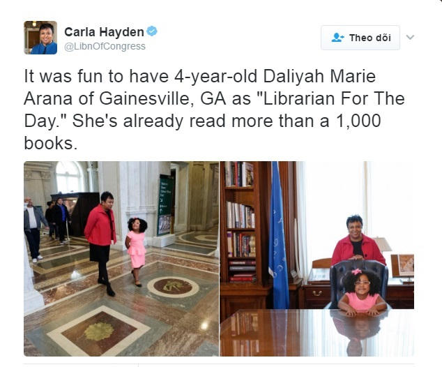 Chia sẻ trên Twitter bà Carla Hayden - Thủ thư thứ 14 của Quốc hội Mỹ.
