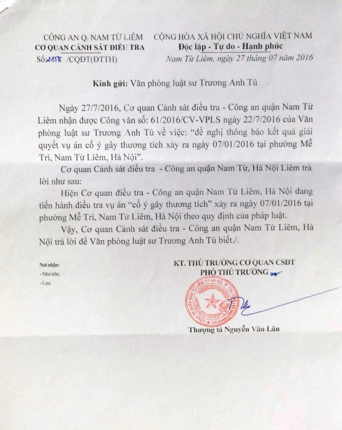 Văn bản số 2158/CQĐT (ĐTTH) ngày 27/7/2016, CQCSĐT Công an quận Nam Từ Liêm trả lời VPLS Trương Anh Tú. Theo nội dung văn bản này thì cơ quan điều tra vẫn chưa kết thúc điều tra.