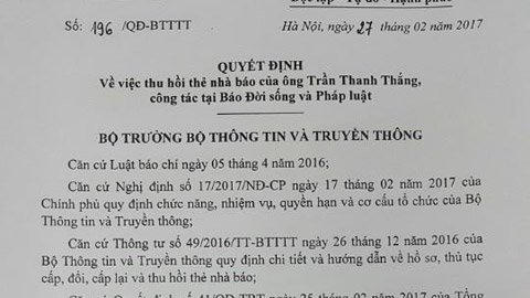 Bộ trưởng TT&amp;TT đã ký quyết định thu hồi thẻ nhà báo đối với ông Trần Thanh Thắng.