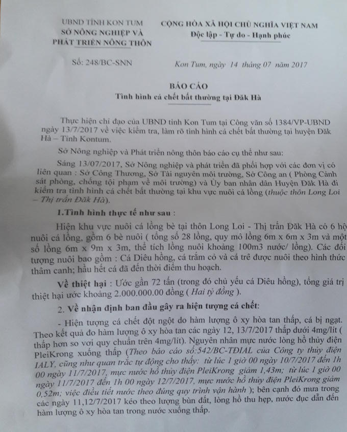 Báo cáo của Sở Nông nghiệp và Phát triển nông thôn Kon Tum về nguyên nhân cá chết.