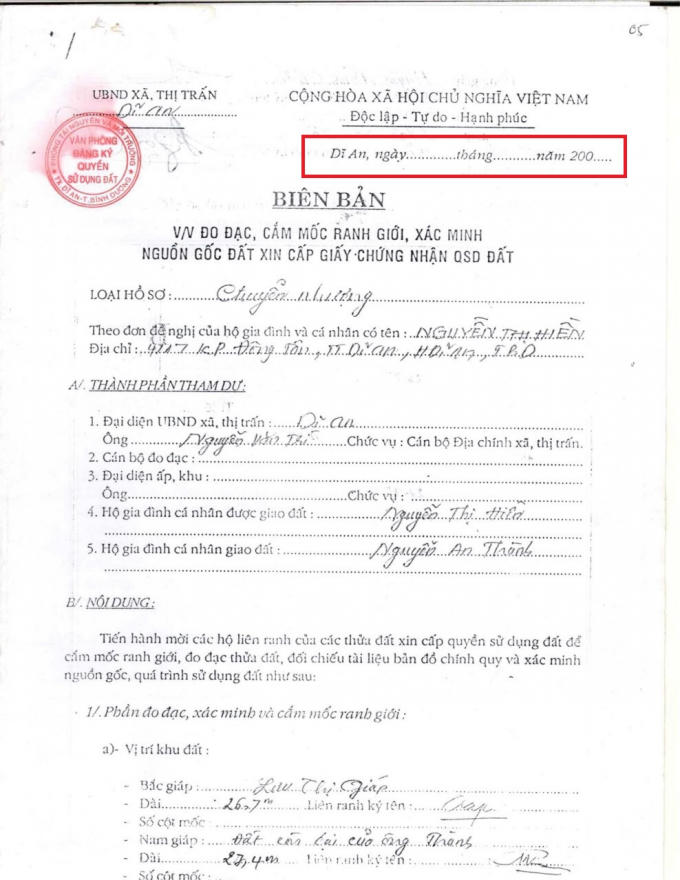 Biên bản về việc đo đạc, cắm mốc ranh giới, xác minh nguồn gốc đất xin cấp Giấy chứng nhận Quyền sử dụng đất cho bà Hiền.