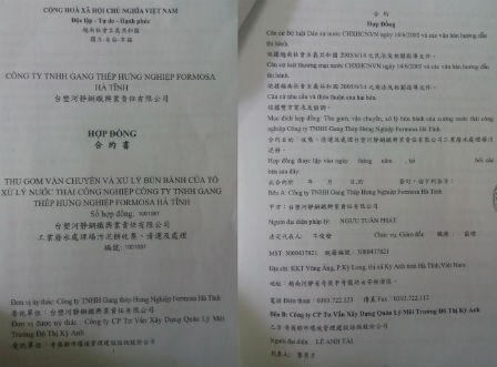 Bản hợp đồng giữa Công ty Môi trường - Đô thị Kỳ Anh và Formosa.