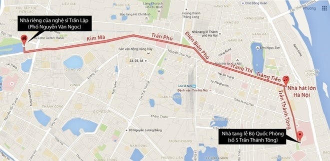 Lộ trình đoàn xe đưa linh cữu ca sĩ Trần Lập từ Nhà tang lễ Bộ Quốc phòng về nhà riêng. (Mạnh Cường).
