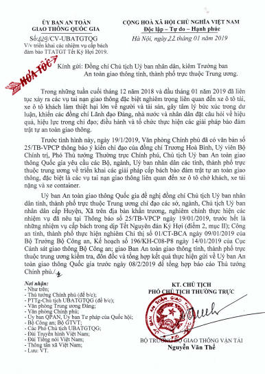 Văn bản chỉ đạo tăng cường các biện pháp đảm bảo TTATGT dịp Tết Kỷ Hợi 2019