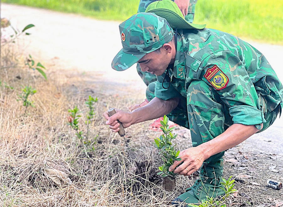 Trồng hoa trên các tuyến đường nông thôn.