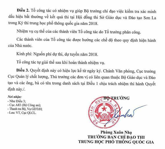 Quyết định th&agrave;nh lập Tổ c&ocirc;ng t&aacute;c x&aacute;c minh dấu hiệu bất thường về điểm thi tại Sơn La.