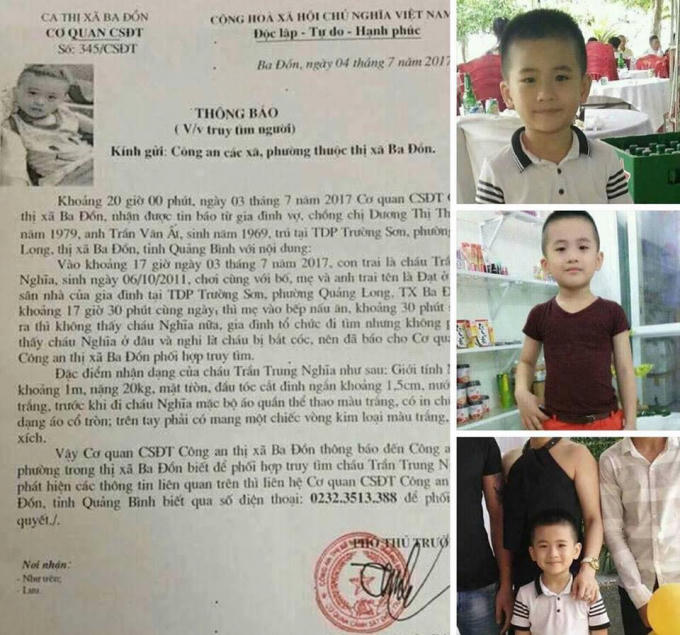 Thông báo tìm người và hình ảnh cháu Trần Trung Nghĩa trước khi mất tích. Ảnh GĐCC