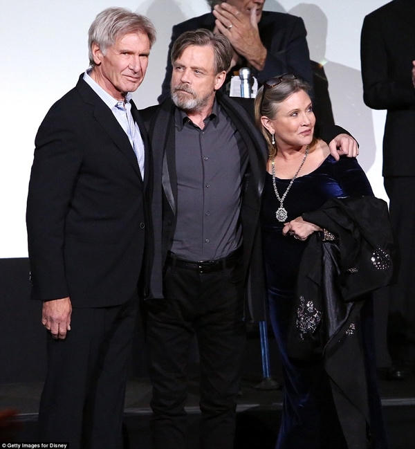 Ba tài năng lớn của Hollywood: Harrison Ford, Carrie Fisher và Luke Skywalker. Ảnh: Dailymail