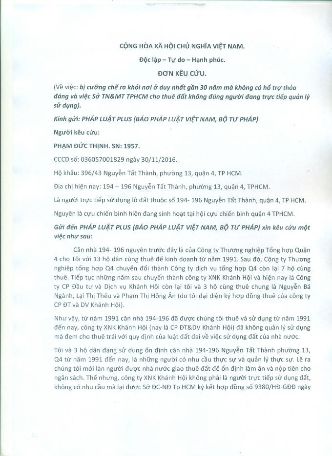 Đơn kêu cứu của ông Thịnh.