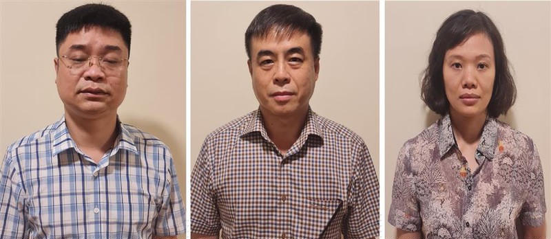 Các bị can (từ trái qua phải): Lê Việt Phương, Phạm Ngọc Hải, Thành Thị Đông Phương