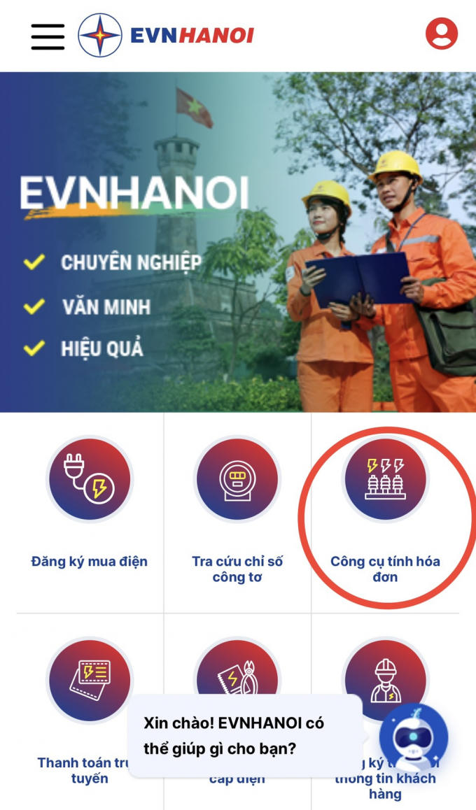 “Công cụ tính hóa đơn tiền điện ” tại website: www.evnhanoi.vn trên điện thoại di động