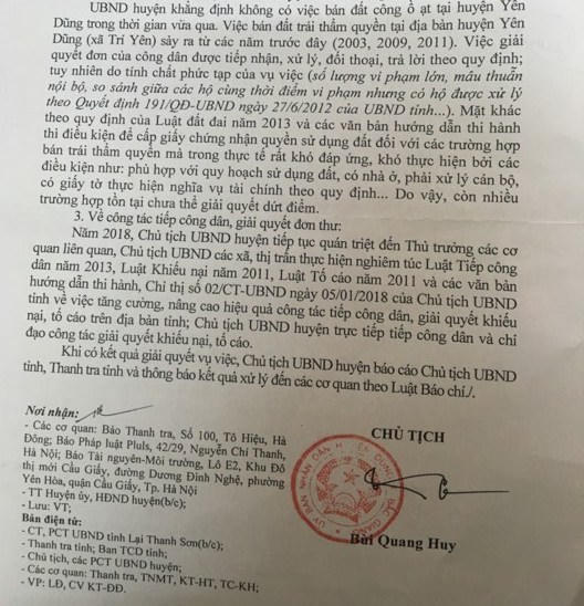 UBND huyện Yên Dũng thừa nhận có việc bán đất trái thẩm quyền tại địa phương.