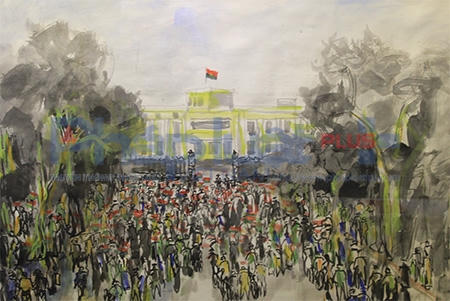 Những con người, những sự kiện, những địa danh lịch sử được thể hiện qua nét bút phóng khoáng của họa sỹ Đức Dụ, đã lưu giữ lại tình cảm đối với đồng đội, với đồng bào ở chiến trường, trong hoàn cảnh vô cùng khốc liệt nhưng vẫn đầy lạc quan cách mạng. (Tác phẩm: Dinh Độc lập, trưa 30/4/1975; chất liệu nước, phác họa năm 1975).