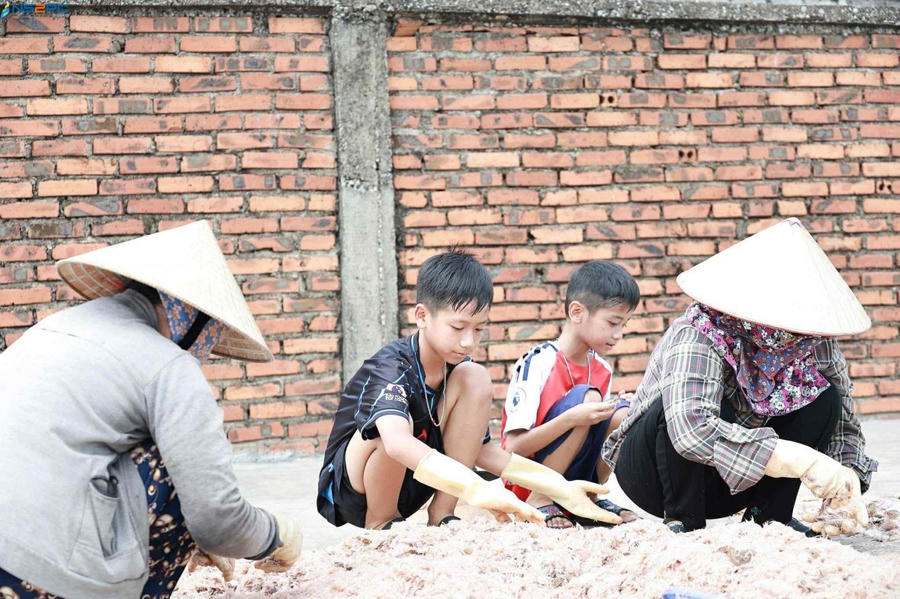 Ruốc tươi được nhặt sạch rác và cá mắm lẫn trước khi đem phơi. Ảnh NDCC