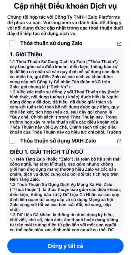 Zalo cập nhật điều khoản dịch vụ mới.