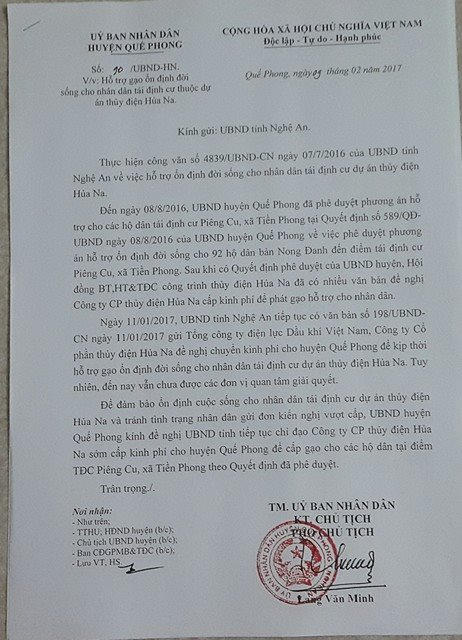 Công văn số 90 của UBND huyện Quế Phong gửi UBND tỉnh Nghệ An về việc hỗ trợ gạo cho bà con.