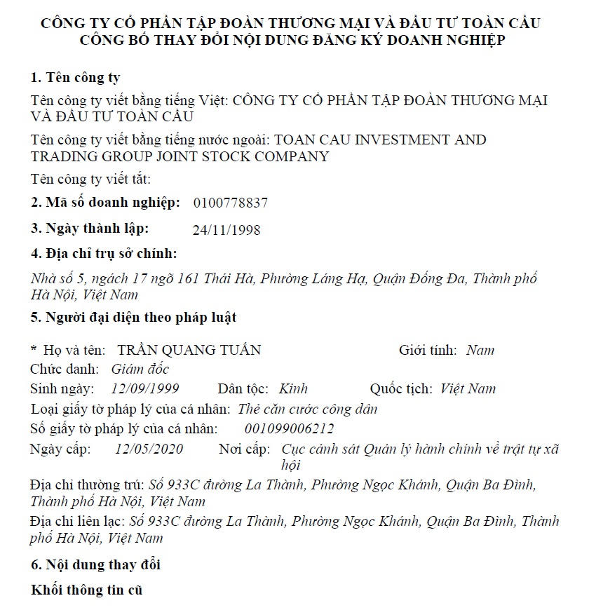 Công ty cổ phần tập đoàn thương mại và đầu tư Toàn Cầu thay đổi người đại diện.