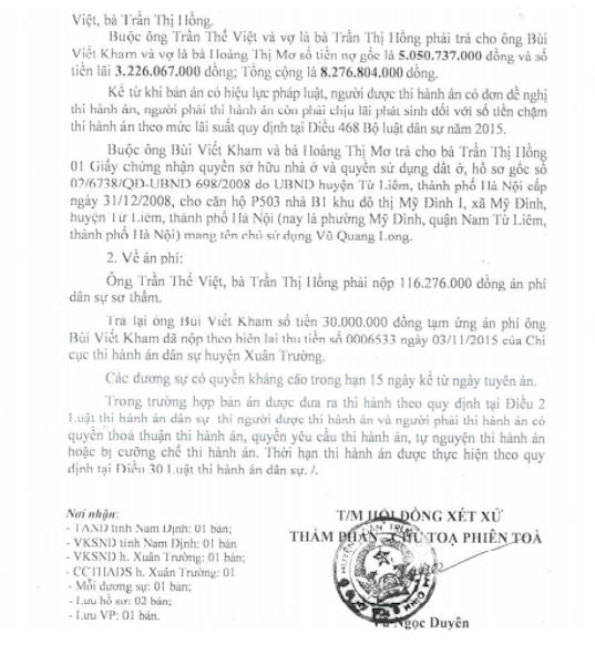 Tòa án nhân dân huyện Xuân Trường tuyên buộc ông Việt, bà Hồng trả nợ.