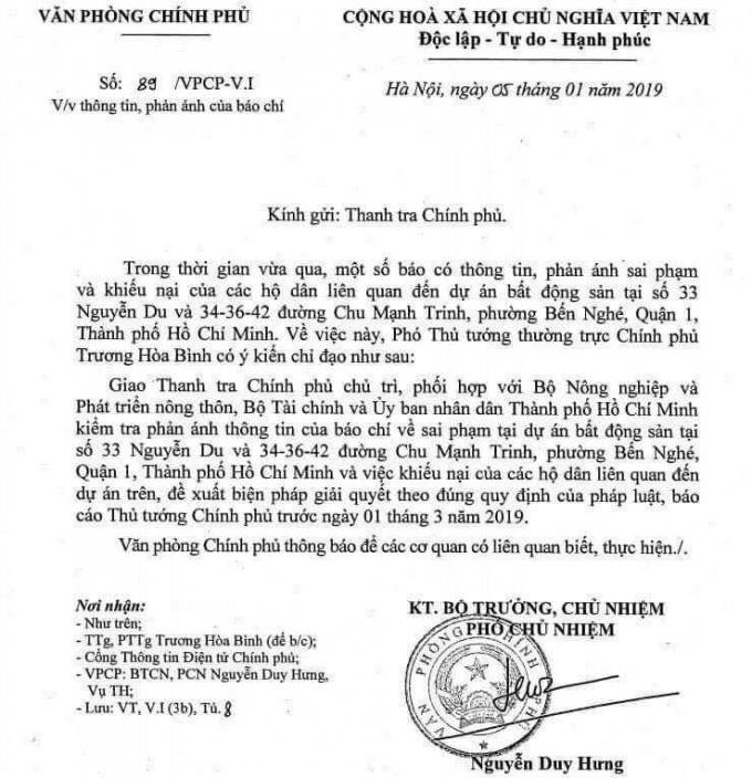 Phó Thủ tướng thường trực Chính phủ có ý kiến chỉ đạo liên quan đến vụ việc mà báo chí phản ánh xung quanh lô đất vàng số 33 đường Nguyễn Du và 34, 36, 42 đường Chu Mạnh Trinh, Q.1.