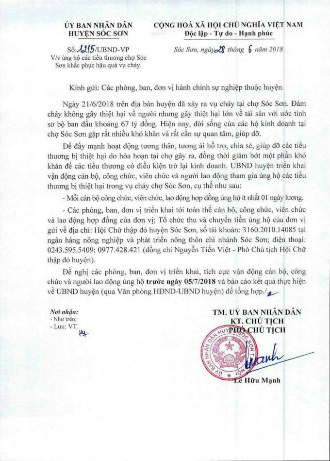 Công văn của UBND huyện Sóc Sơn.