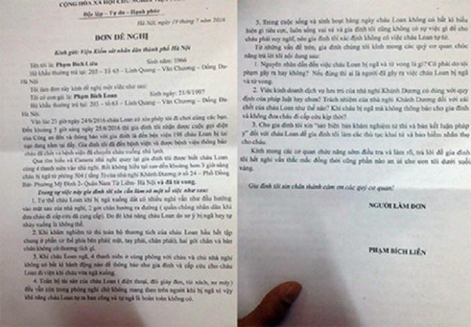  Lá đơn kiến nghị của gia đình bà Liên gửi VKS ND TP.Hà Nội mong muốn sớm được làm sáng tỏ cái chết của con gái.