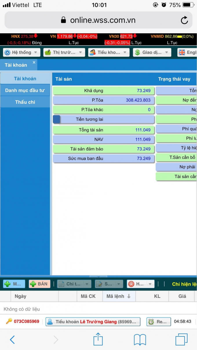 Tài khoản chứng khoán của ông Lê Trường Giang đã bị phong tỏa, không thể giao dịch.