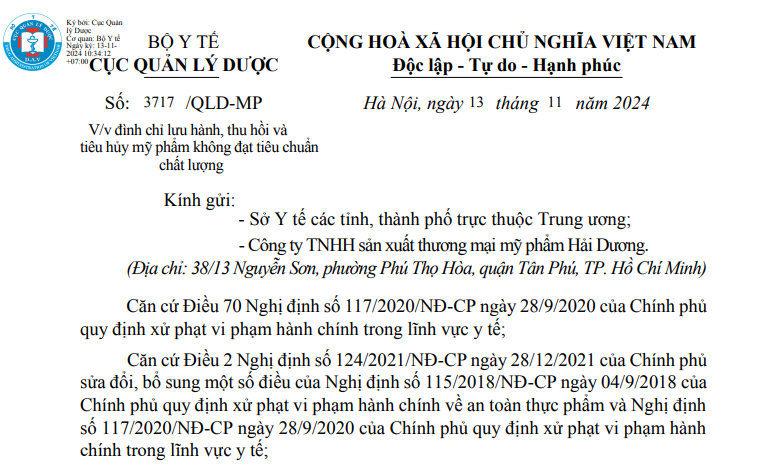 Thông báo của Cục Quản lý Dược, Bộ Y tế về việc đình chỉ lưu hành, thu hồi và tiêu hủy mỹ phẩm không đạt tiêu chuẩn chất lượng. (Ảnh chụp màn hình)