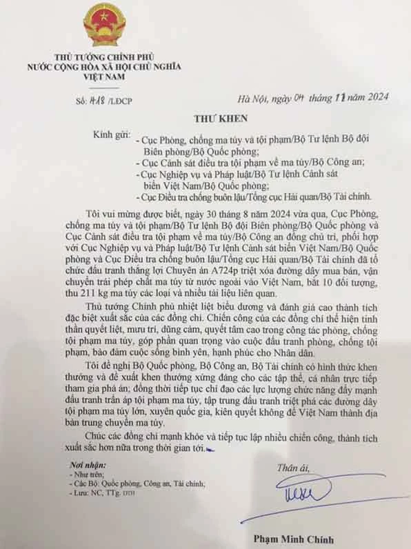 Thủ tướng Chính phủ Phạm Minh Chính gửi thư khen các đơn vị có thành tích xuất sắc trong công tác triệt phá các ổ nhóm tội phạm ma túy.