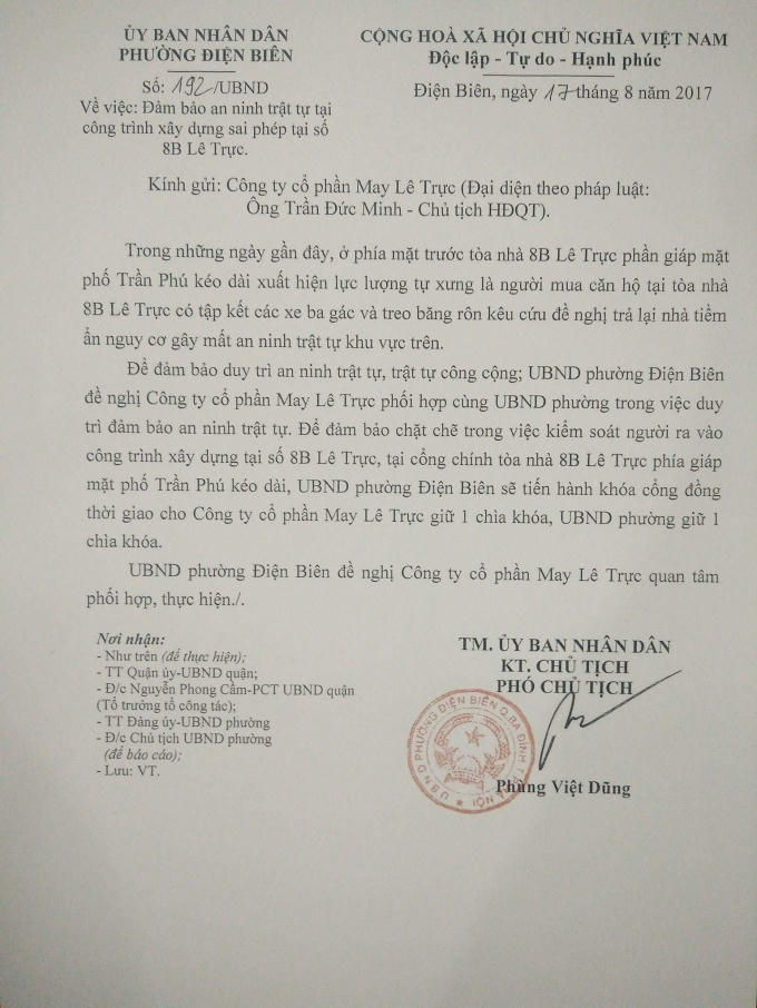 Văn bản do UBND phường Điện Biên ban hành khiến cư dân nhà 8B Lê Trực tức tối vì không được vào ngôi nhà mình sở hữu.