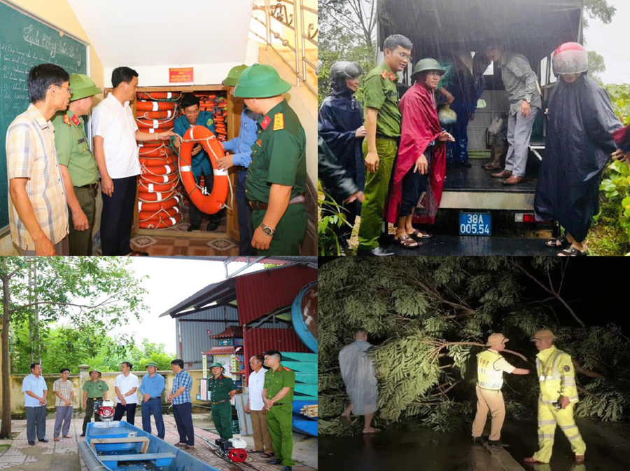 Lực lượng chức năng Công an tỉnh Hà Tĩnh hộ trợ người dân ứng phó bão số 4. Ảnh: BCA