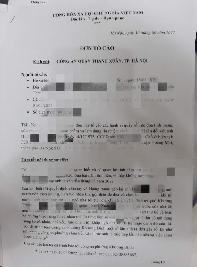 Mà M. đã làm đơn tố cáo ra công quận Thanh Xuân.