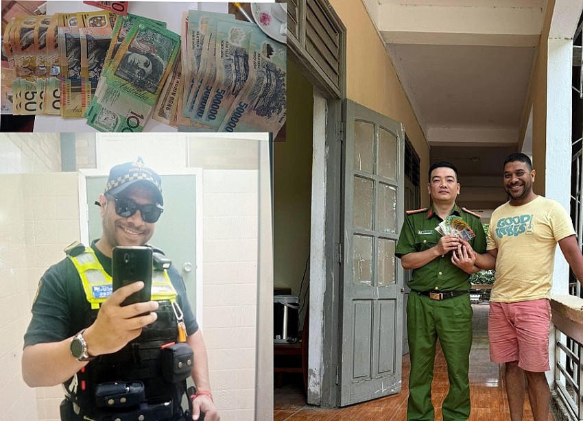 Lực lượng chức năng và người dân trao trả tài sản cho du khách người Úc. (Ảnh: Minh Đức).