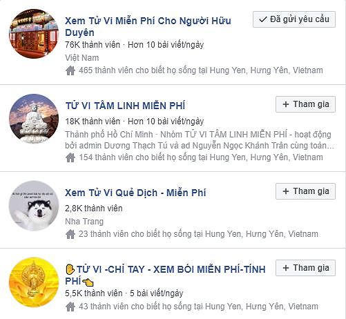 Ma trận Fan page lớn nhỏ về xem b&oacute;i online thu h&uacute;t h&agrave;ng ngh&igrave;n người tham gia. Nguồn: Facebook