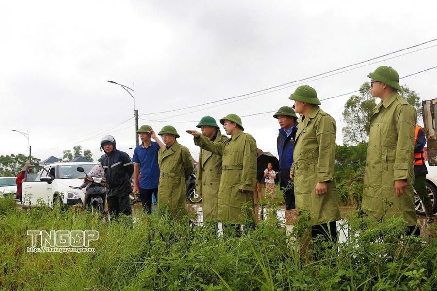 Đồng chí Nguyễn Đăng Bình, Phó Bí thư Thường trực Tỉnh ủy, Chủ tịch HĐND tỉnh cùng lãnh đạo địa phương, các ngành, đơn vị kiểm tra công tác phòng, chống lũ trên tuyến đê Chã.