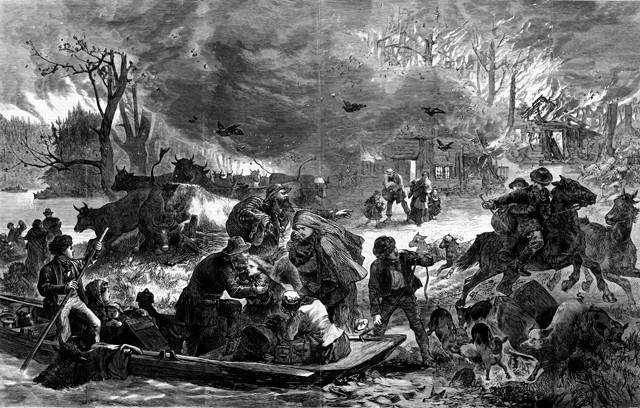 Tranh vẽ trên tờ Harper’s Weekly mô tả khung cảnh kinh hoàng trong đám cháy rừng Peshtigo khi người dân cố thoát ra sông. (Ảnh: Hội Lịch sử Wisconsin).