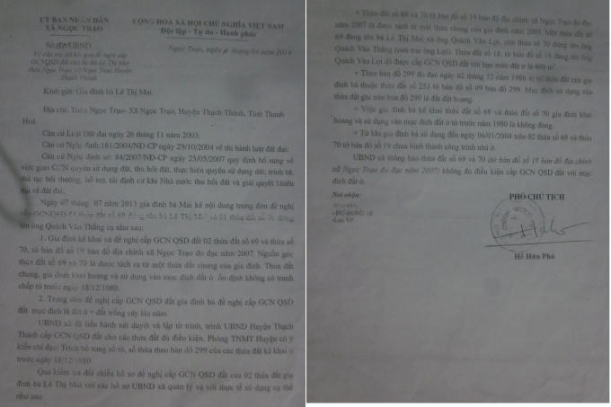 Văn bản trả lời bà Lê Thị Mai về việc không cấp sổ đỏ gia đình bà.