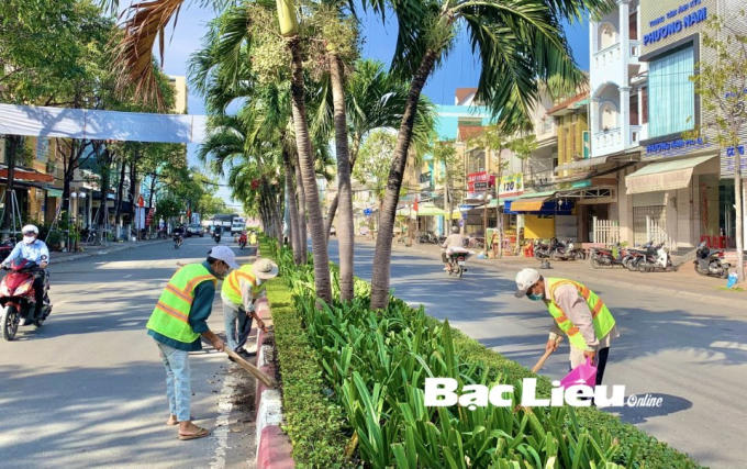 Công nhân Trung tâm Dịch vụ đô thị cắt tỉa cây xanh, sơn dải phân cách trên đường Hòa Bình (TP. Bạc Liêu).