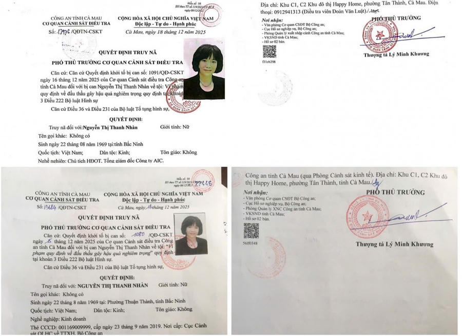 Các Quyết định truy nã đối với bị can Nguyễn Thị Thanh Nhàn (Công an tỉnh Cà Mau cung cấp).
