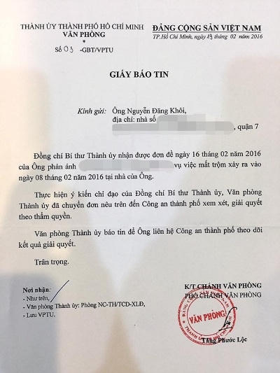 Sau 3 ngày gửi đơn, Đăng Khôi đã nhận được thư từ văn phòng Thành ủy. Ảnh: internet.