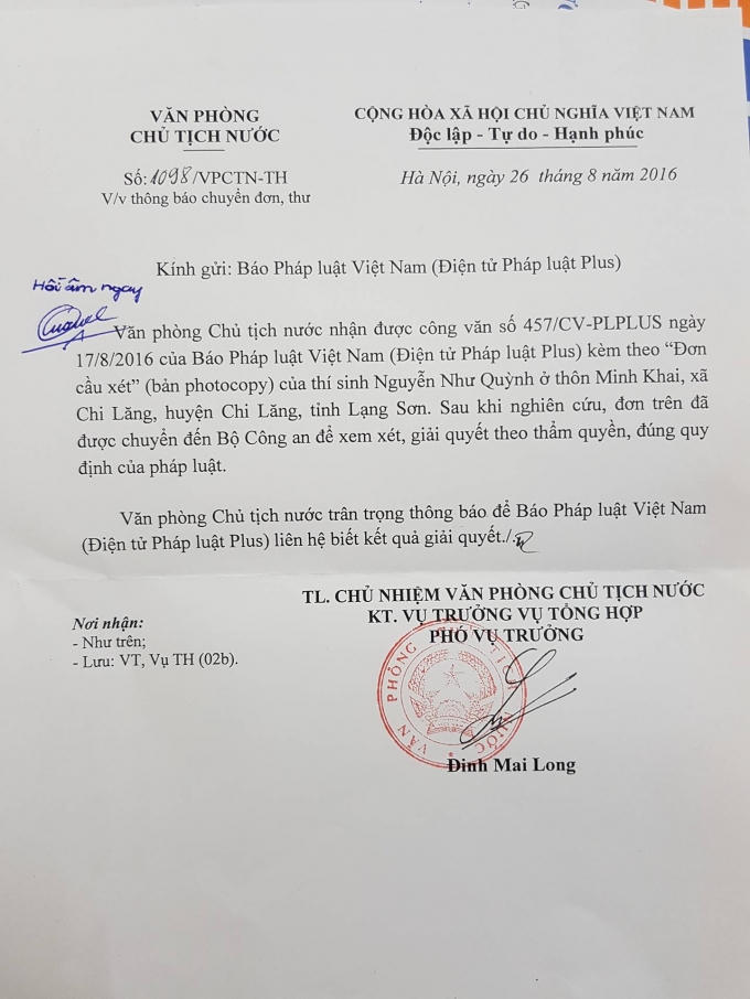 Văn ph&ograve;ng Chủ tịch nước đ&atilde; chuyển t&acirc;m thư của th&iacute; sinh Nguyễn Như Quỳnh sang Bộ C&ocirc;ng an xem x&eacute;t, giải quyết.