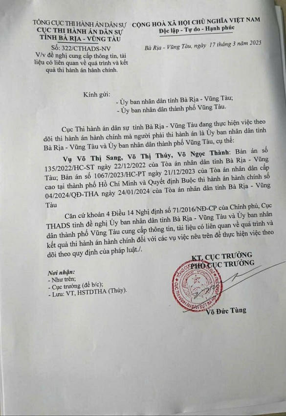 Văn bản của Cục THA tỉnh Bà Rịa Vũng Tàu gửi UBND tỉnh Bà Rịa Vũng Tàu.