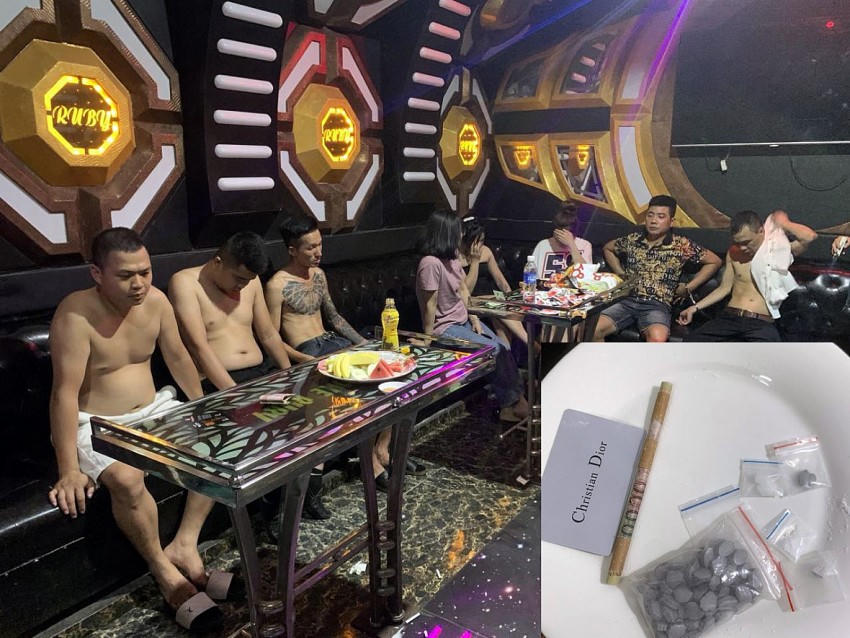 Nhóm đối tượng sử dụng ma túy tại quán Karaoke Ruby và tang vật vụ án. (Ảnh: Công an Tuyên Quang).