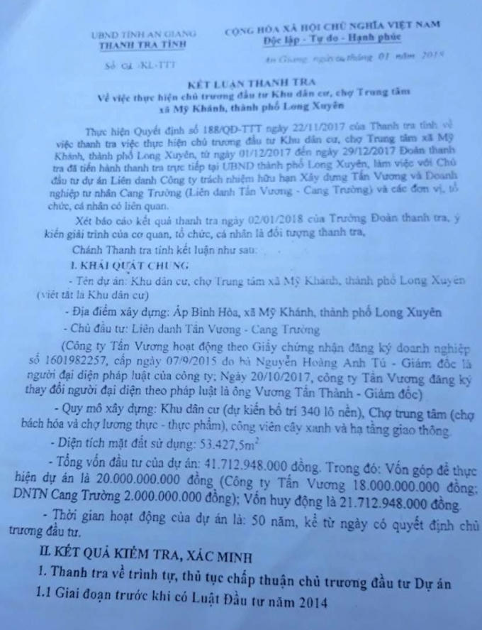 Kết luận thanh tra số 01/KL-TTT của Thanh tra tỉnh An Giang.