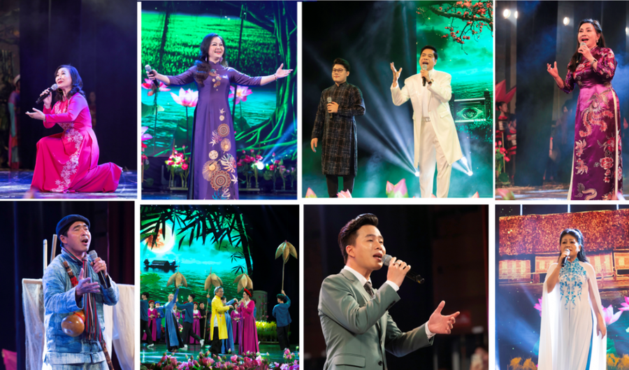 Chương trình có sự hội ngộ của 10 CLB nghệ thuật với hơn 300 diễn viên, đặc biệt sự tham gia của rất nhiều nghệ sĩ nổi tiếng có nhiều đóng góp cho sự phát triển và lan tỏa những làn điệu Dân ca Ví, Giặm. Ảnh: Cao Oanh
