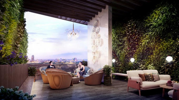 Vườn trên cao được thiết kế với những mảng xanh độc đáo mang lại không gian sống lý tưởng cho cư dân.