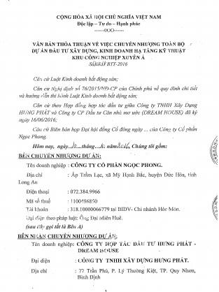 Văn bản thỏa thuận chuyển nhượng Dự án KCN Xuyên Á, Long An.